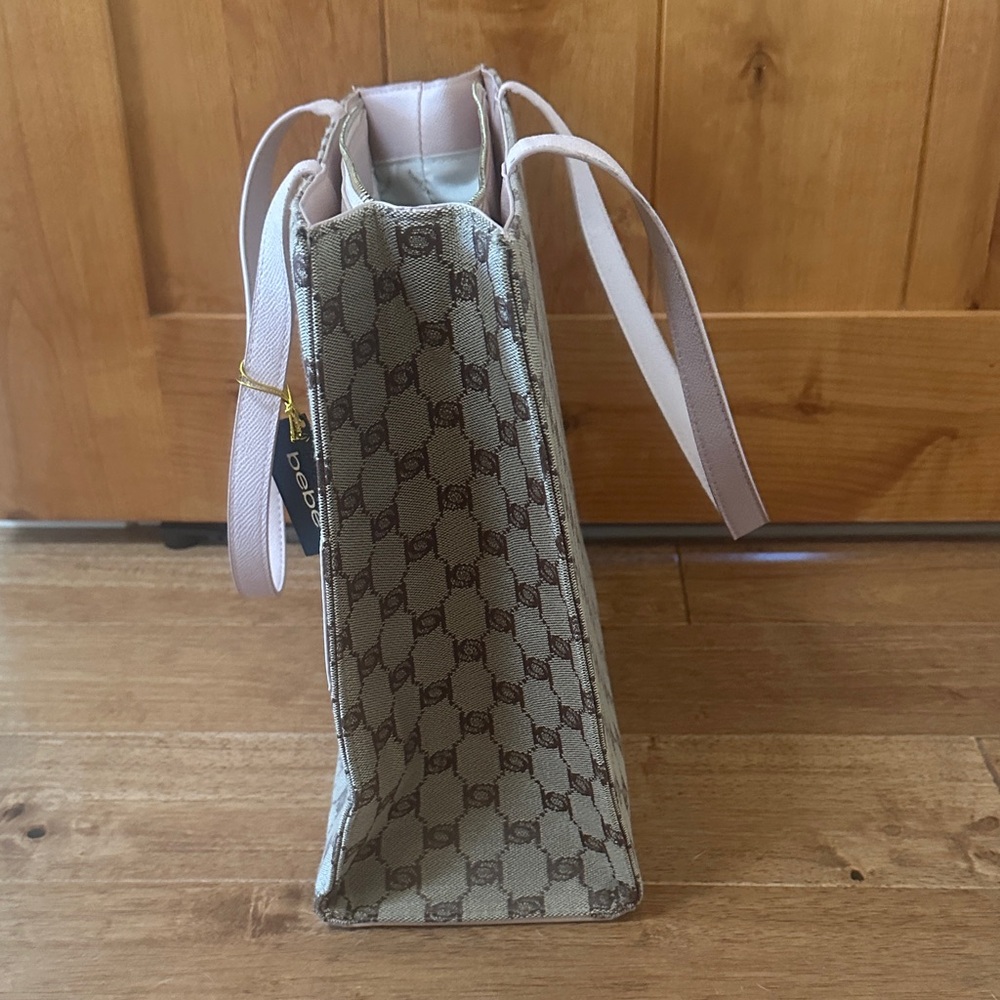 Bebe Serena Beige & Light pale Pink Patterned Tote new w tag silver logo zipper - Picture 7 of 11